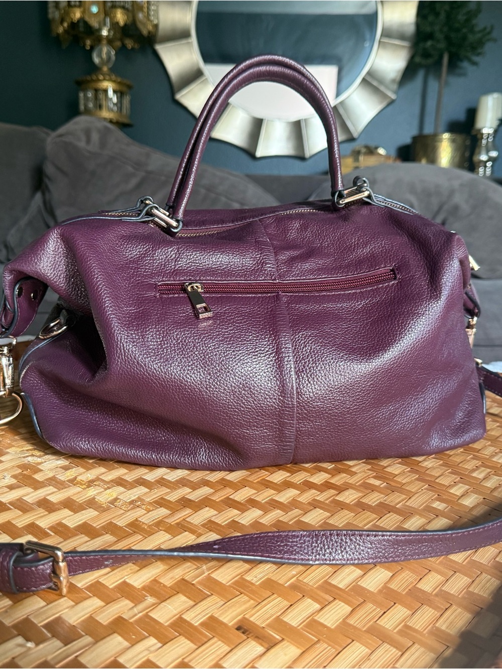 Ora Delphine Leather Handbag with Top Handles &detachable strap. Plum/Burgandy